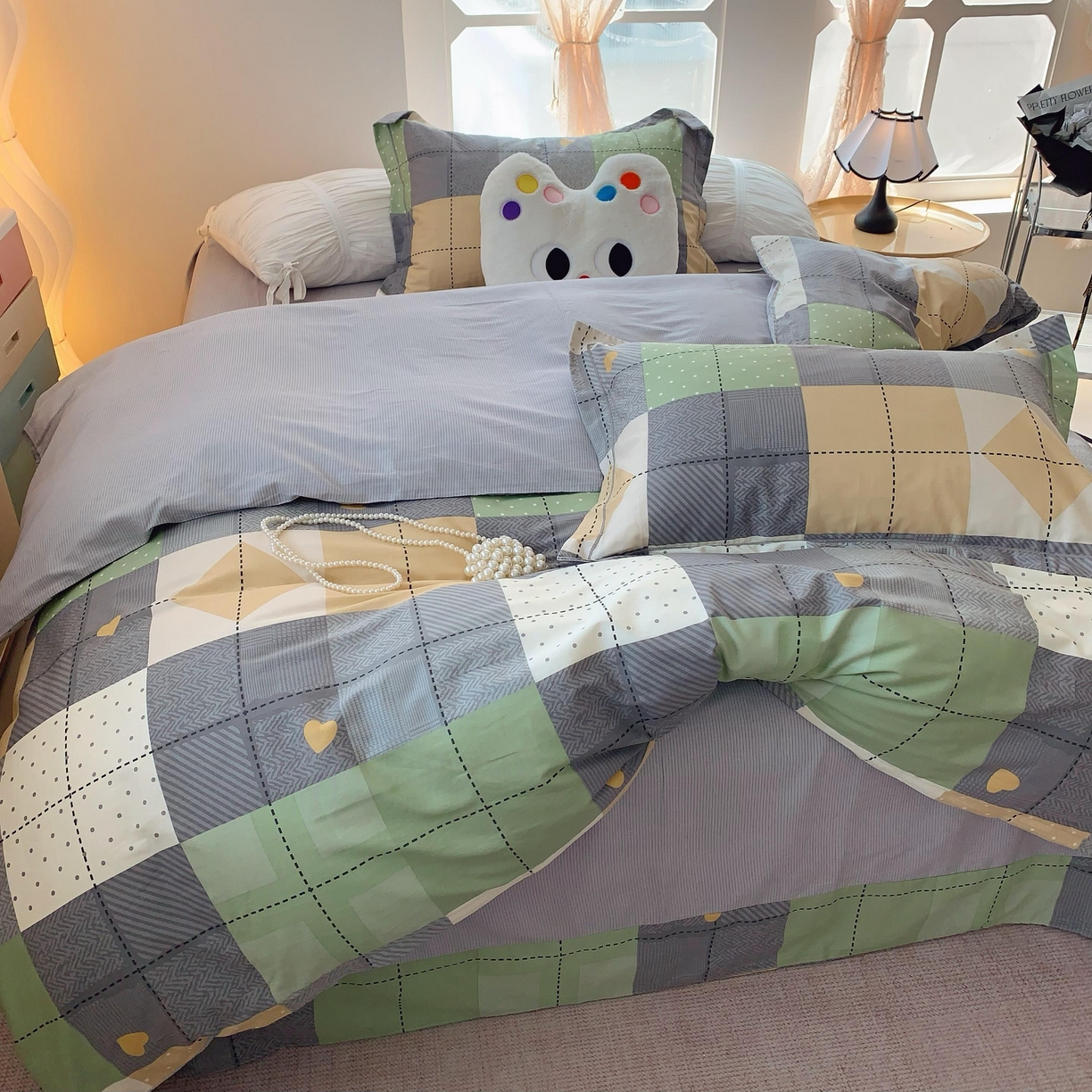 91家纺网 家纺一手货源 找家纺 莱豫家纺 2025春夏新款亲肤舒适小清新印花全棉纯棉四件套-第二批 积木电台 绿