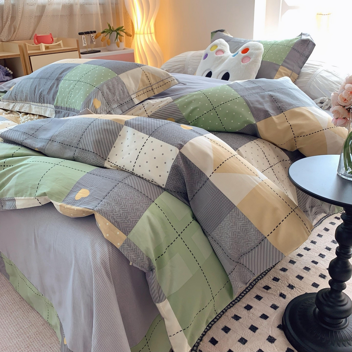 91家纺网 家纺一手货源 找家纺 莱豫家纺 2025春夏新款亲肤舒适小清新印花全棉纯棉四件套-第二批 积木电台 绿