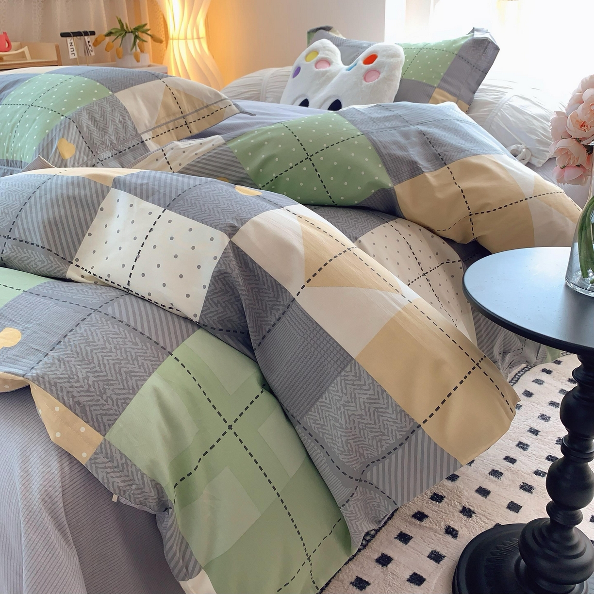 91家纺网 家纺一手货源 找家纺 莱豫家纺 2025春夏新款亲肤舒适小清新印花全棉纯棉四件套-第二批 积木电台 绿