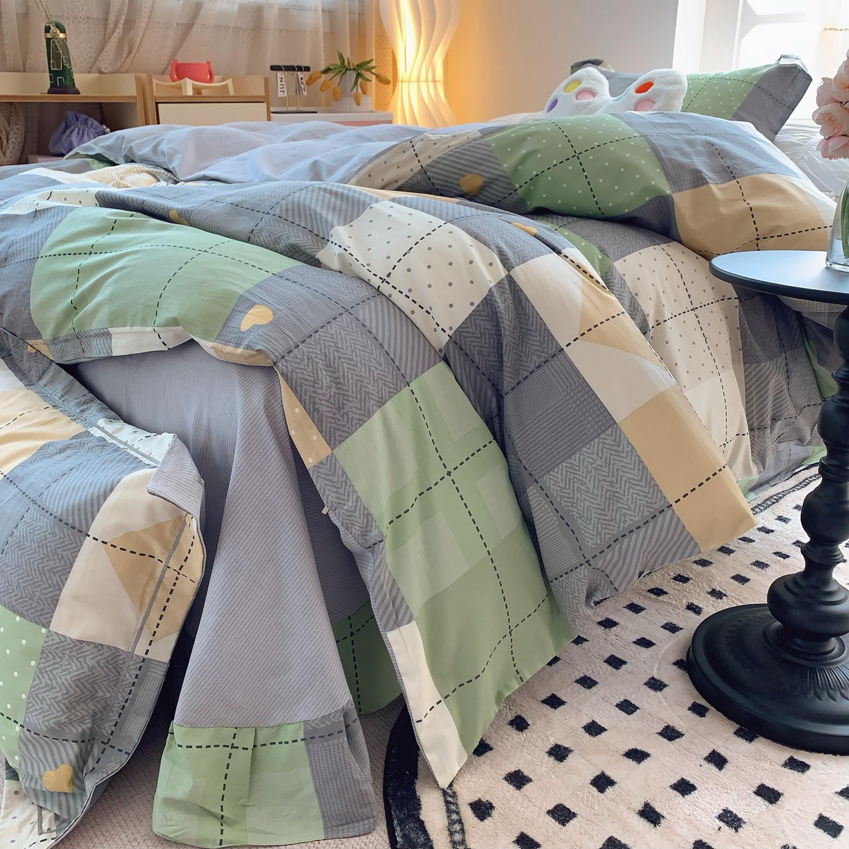 91家纺网 家纺一手货源 找家纺 莱豫家纺 2025春夏新款亲肤舒适小清新印花全棉纯棉四件套-第二批 积木电台 绿