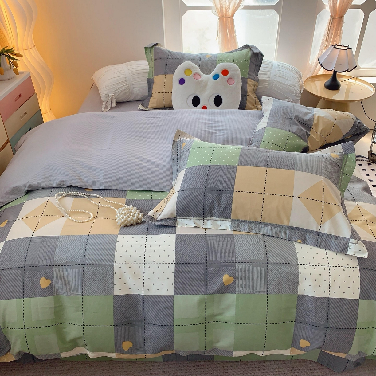 91家纺网 家纺一手货源 找家纺 莱豫家纺 2025春夏新款亲肤舒适小清新印花全棉纯棉四件套-第二批 积木电台 绿