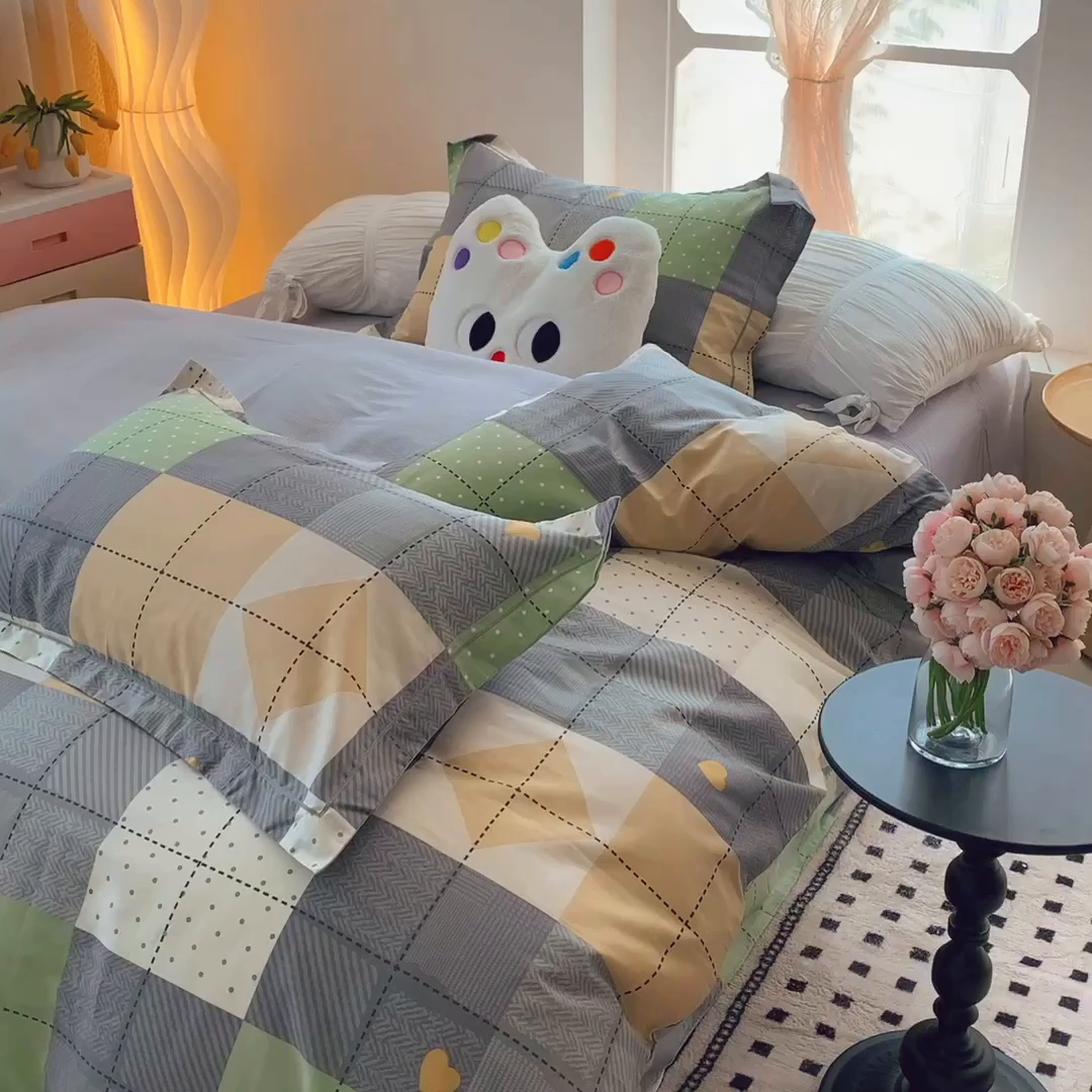 91家纺网 家纺一手货源 找家纺 莱豫家纺 2025春夏新款亲肤舒适小清新印花全棉纯棉四件套-第二批 积木电台 绿