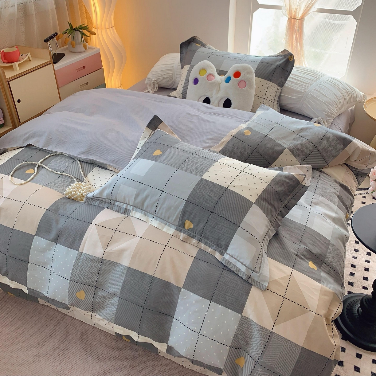 91家纺网 家纺一手货源 找家纺 莱豫家纺 2025春夏新款亲肤舒适小清新印花全棉纯棉四件套-第二批 积木电台灰