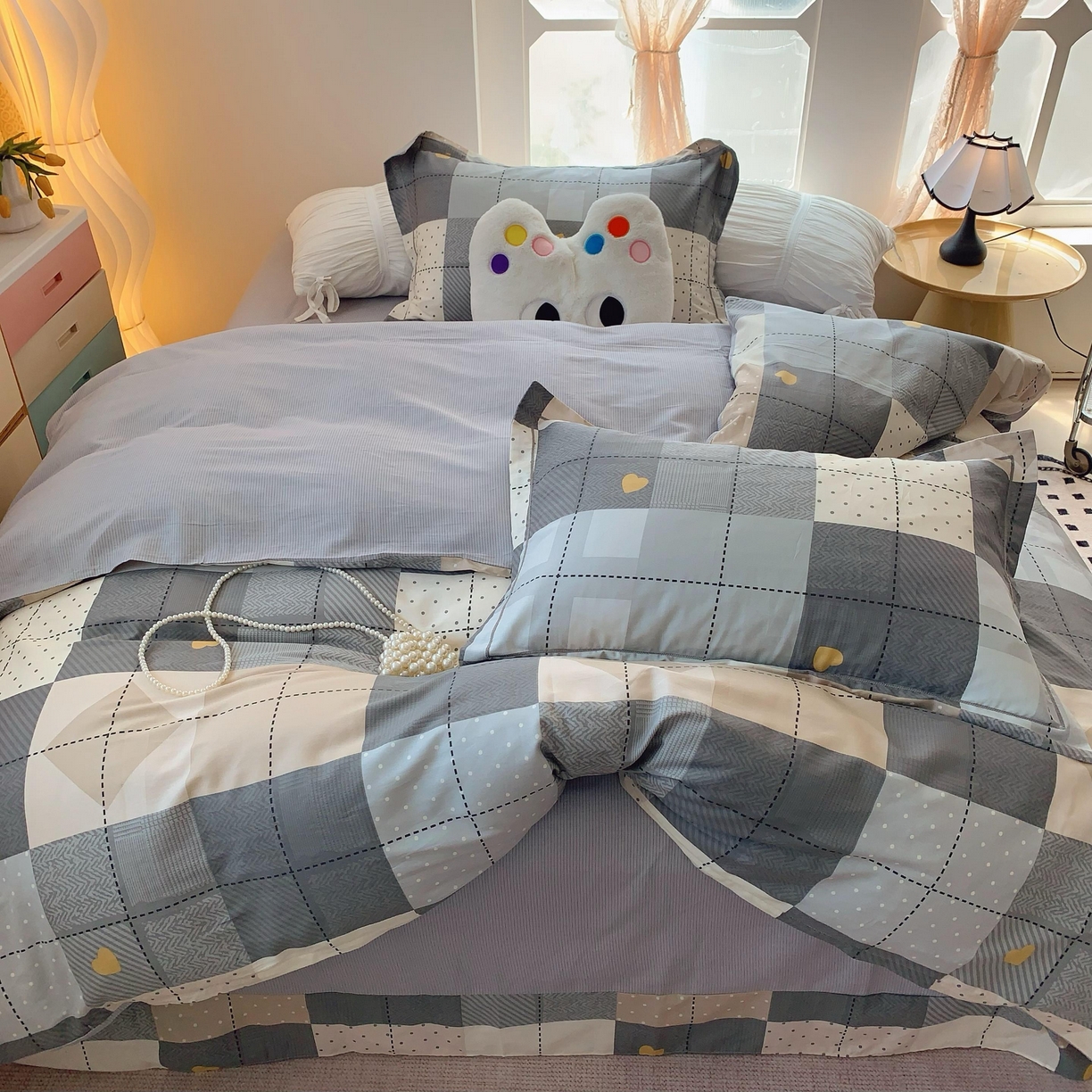 91家纺网 家纺一手货源 找家纺 莱豫家纺 2025春夏新款亲肤舒适小清新印花全棉纯棉四件套-第二批 积木电台灰