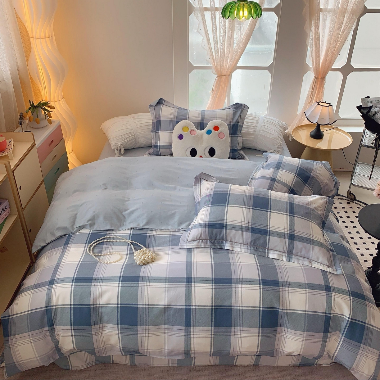 莱豫家纺 2025春夏新款亲肤舒适小清新印花全棉纯棉四件套-第二批 蓝色大格