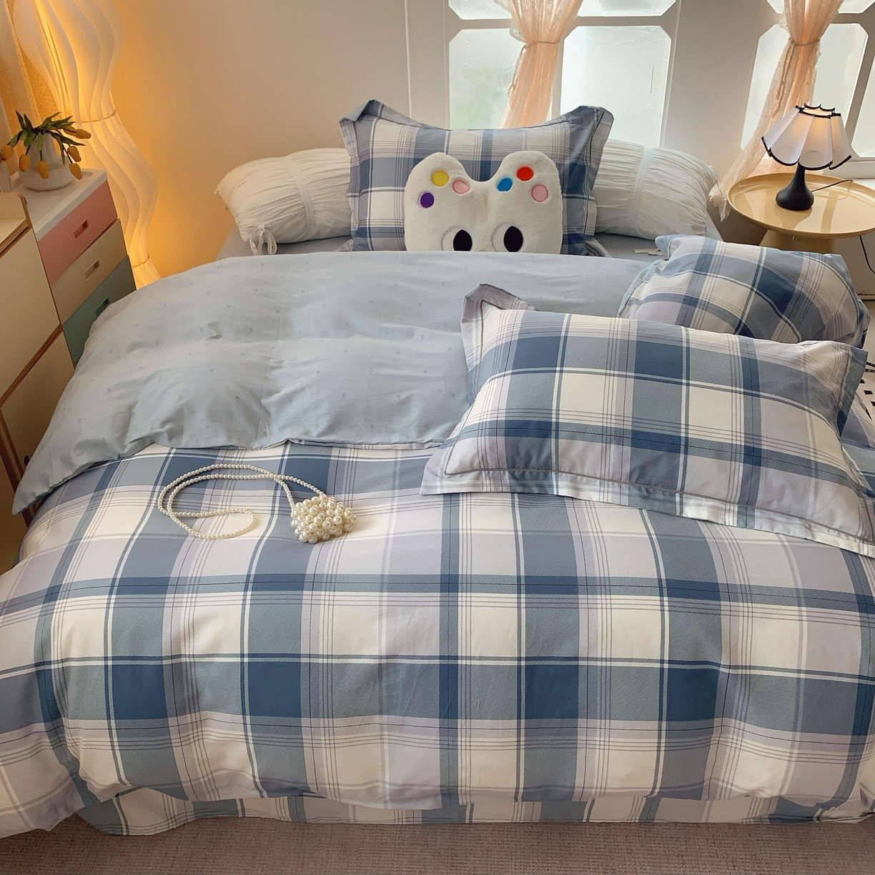 91家纺网 家纺一手货源 找家纺 莱豫家纺 2025春夏新款亲肤舒适小清新印花全棉纯棉四件套-第二批 蓝色大格