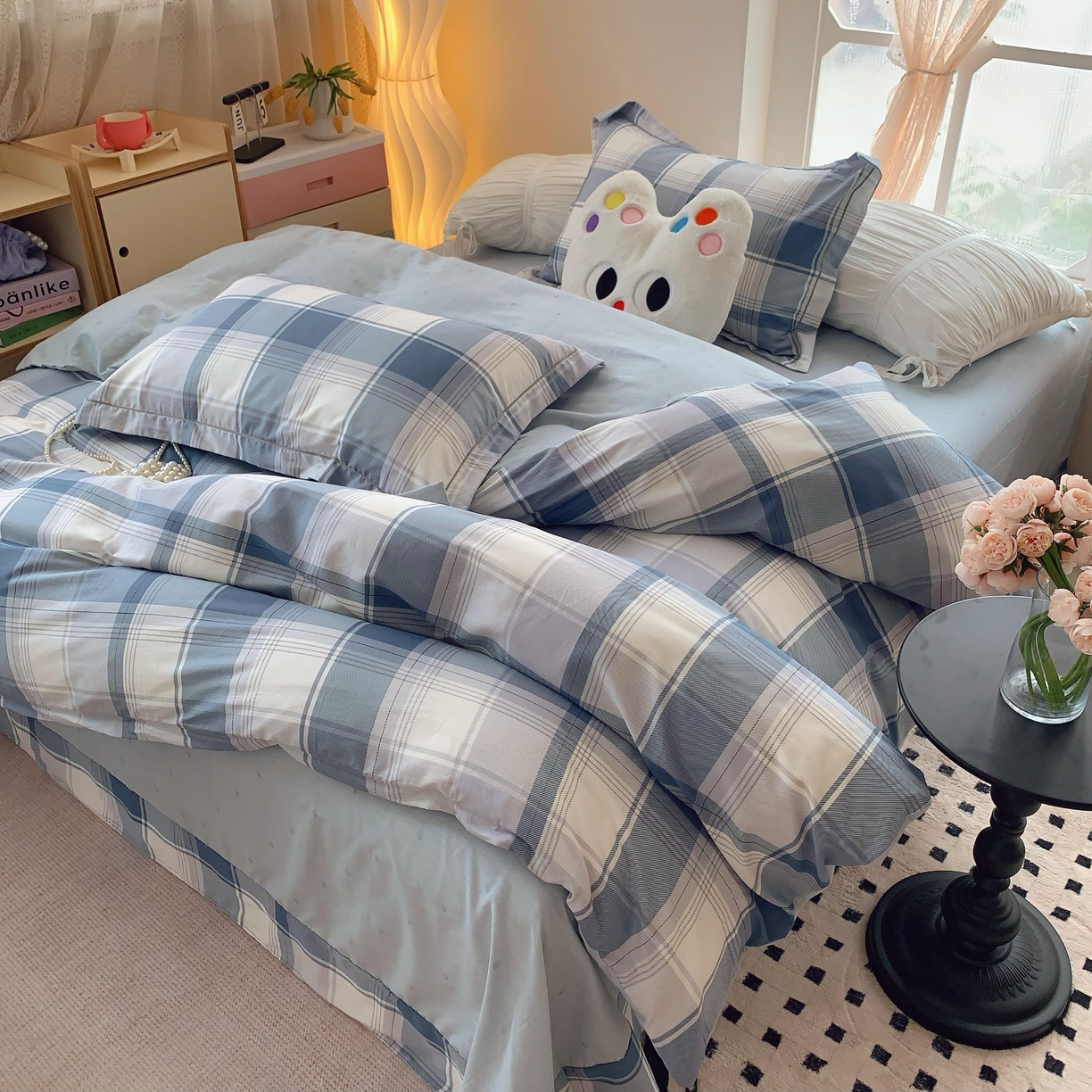 91家纺网 家纺一手货源 找家纺 莱豫家纺 2025春夏新款亲肤舒适小清新印花全棉纯棉四件套-第二批 蓝色大格