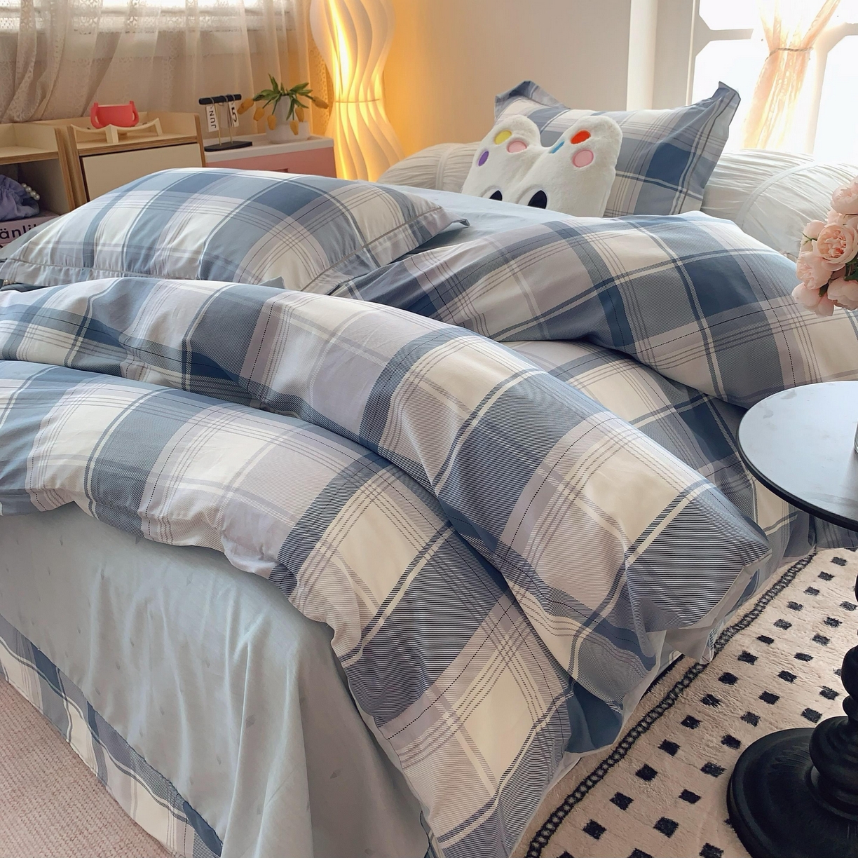 91家纺网 家纺一手货源 找家纺 莱豫家纺 2025春夏新款亲肤舒适小清新印花全棉纯棉四件套-第二批 蓝色大格