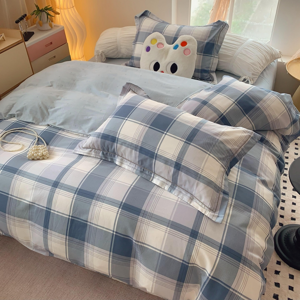 91家纺网 家纺一手货源 找家纺 莱豫家纺 2025春夏新款亲肤舒适小清新印花全棉纯棉四件套-第二批 蓝色大格