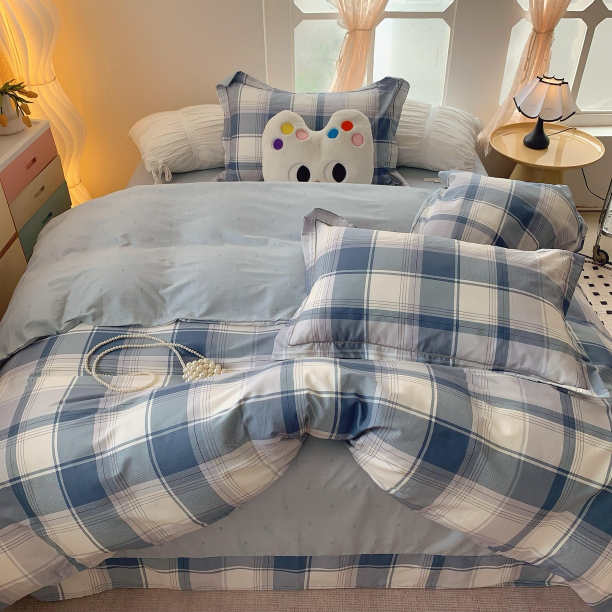 91家纺网 家纺一手货源 找家纺 莱豫家纺 2025春夏新款亲肤舒适小清新印花全棉纯棉四件套-第二批 蓝色大格