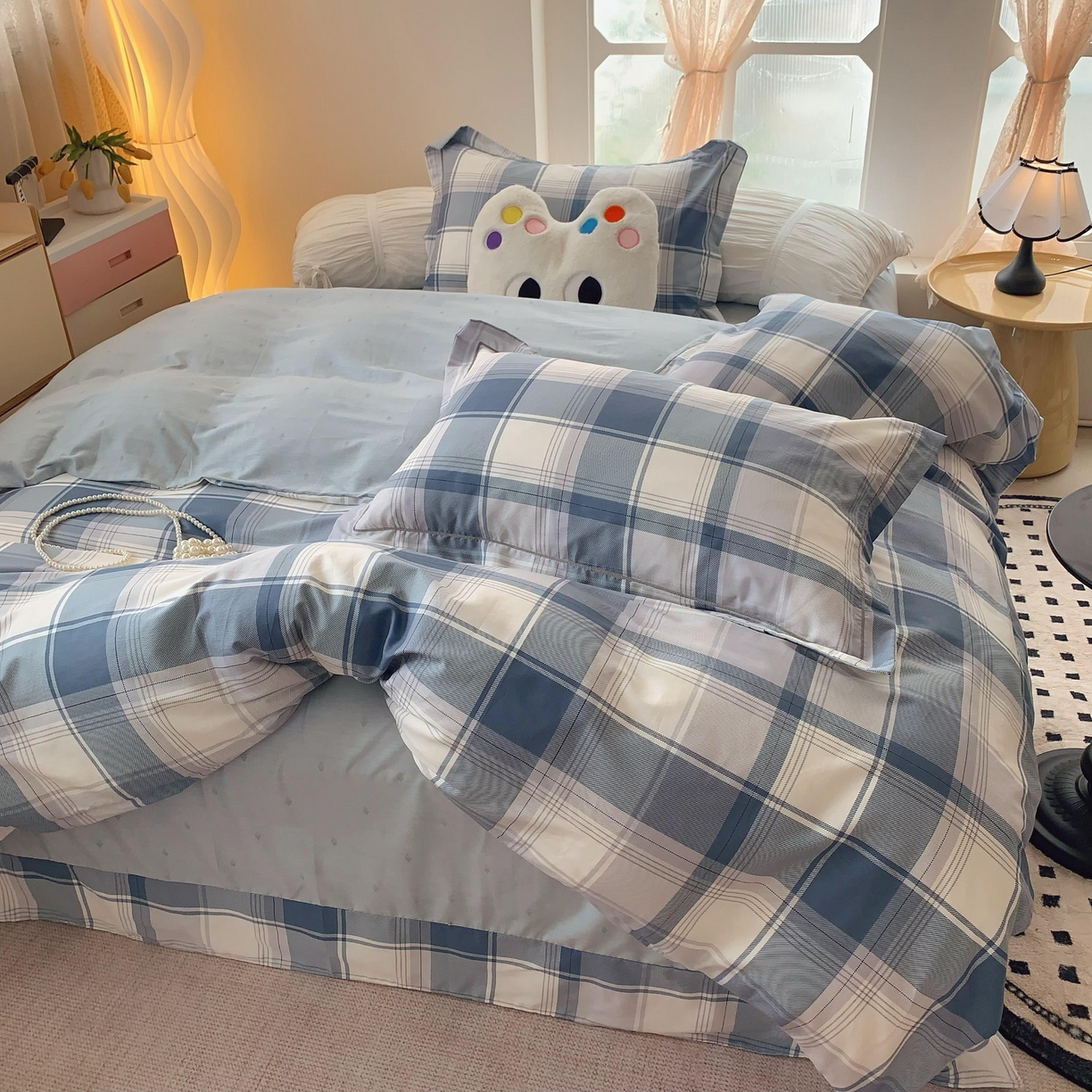 91家纺网 家纺一手货源 找家纺 莱豫家纺 2025春夏新款亲肤舒适小清新印花全棉纯棉四件套-第二批 蓝色大格