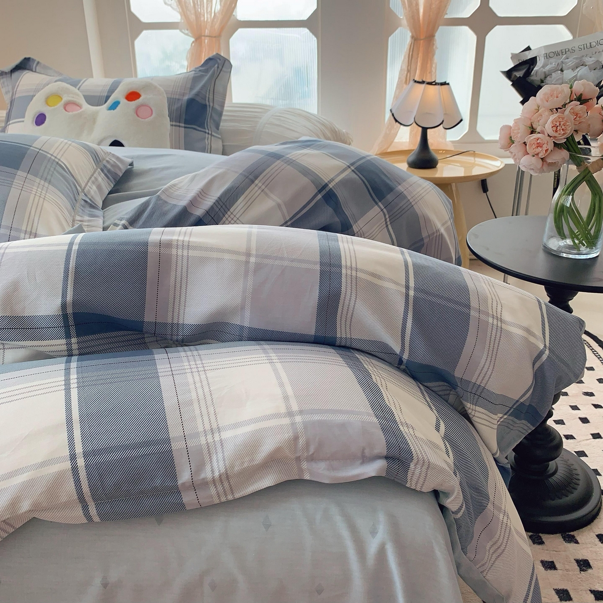 91家纺网 家纺一手货源 找家纺 莱豫家纺 2025春夏新款亲肤舒适小清新印花全棉纯棉四件套-第二批 蓝色大格