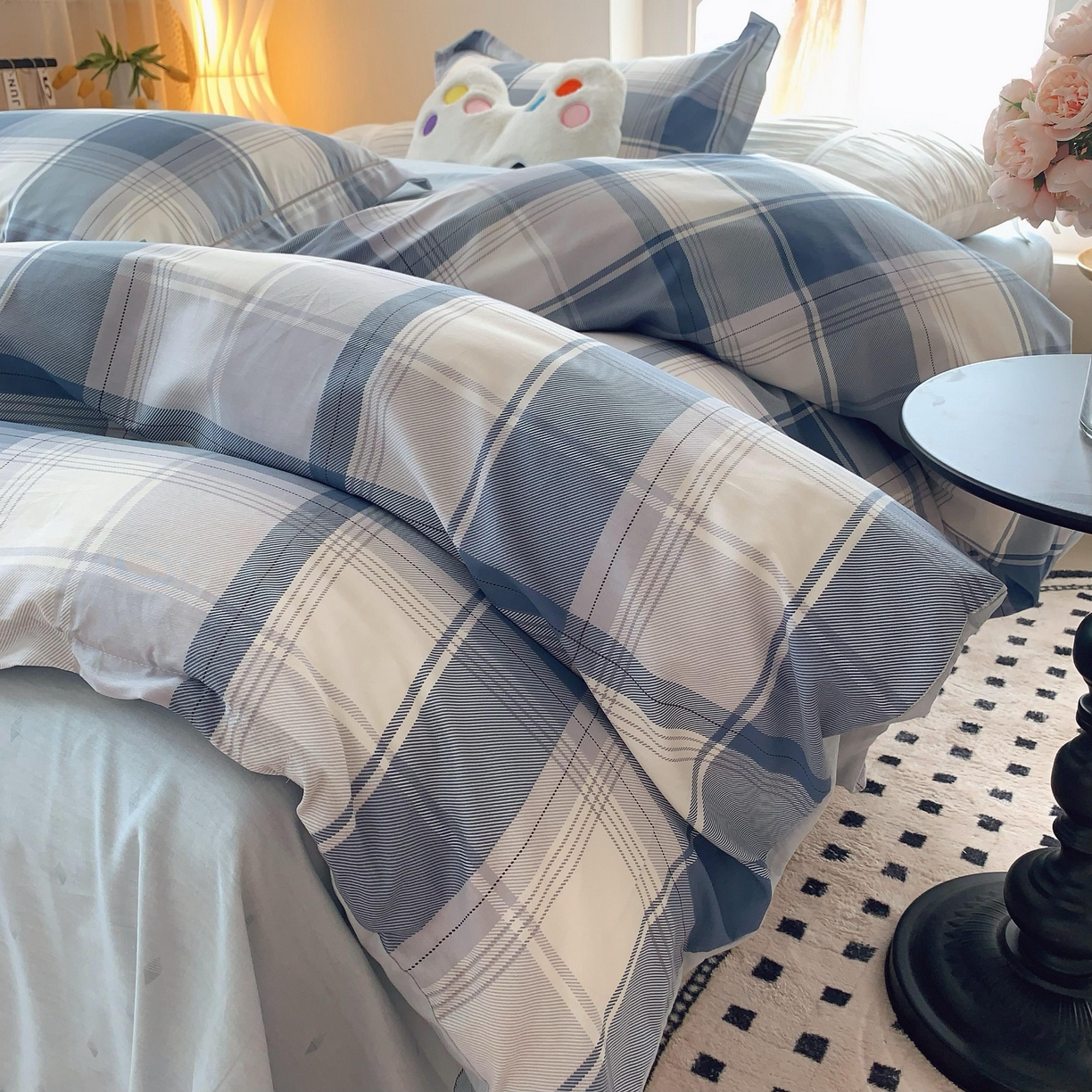 91家纺网 家纺一手货源 找家纺 莱豫家纺 2025春夏新款亲肤舒适小清新印花全棉纯棉四件套-第二批 蓝色大格