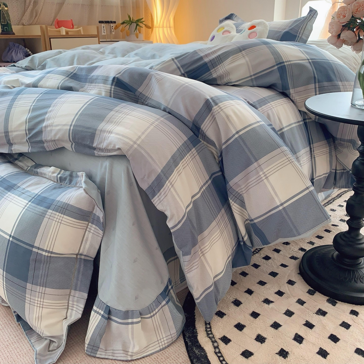 91家纺网 家纺一手货源 找家纺 莱豫家纺 2025春夏新款亲肤舒适小清新印花全棉纯棉四件套-第二批 蓝色大格