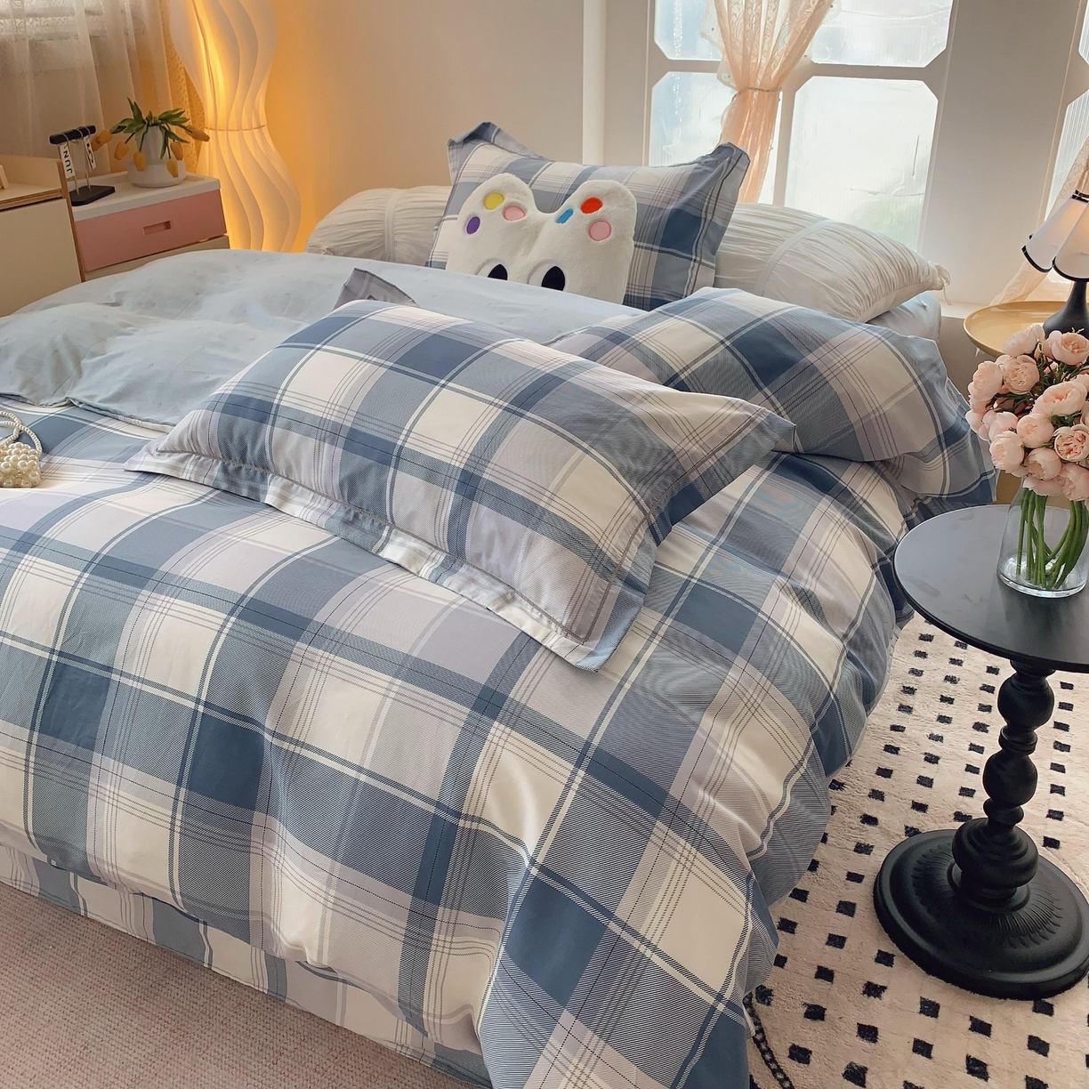 91家纺网 家纺一手货源 找家纺 莱豫家纺 2025春夏新款亲肤舒适小清新印花全棉纯棉四件套-第二批 蓝色大格