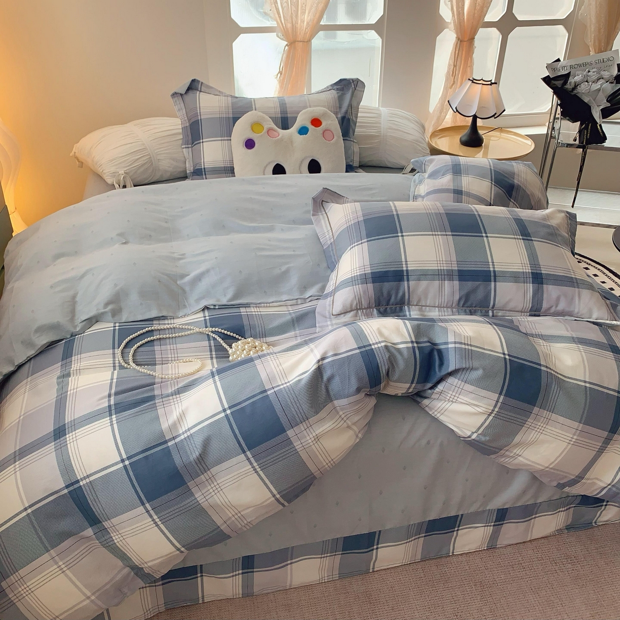 91家纺网 家纺一手货源 找家纺 莱豫家纺 2025春夏新款亲肤舒适小清新印花全棉纯棉四件套-第二批 蓝色大格