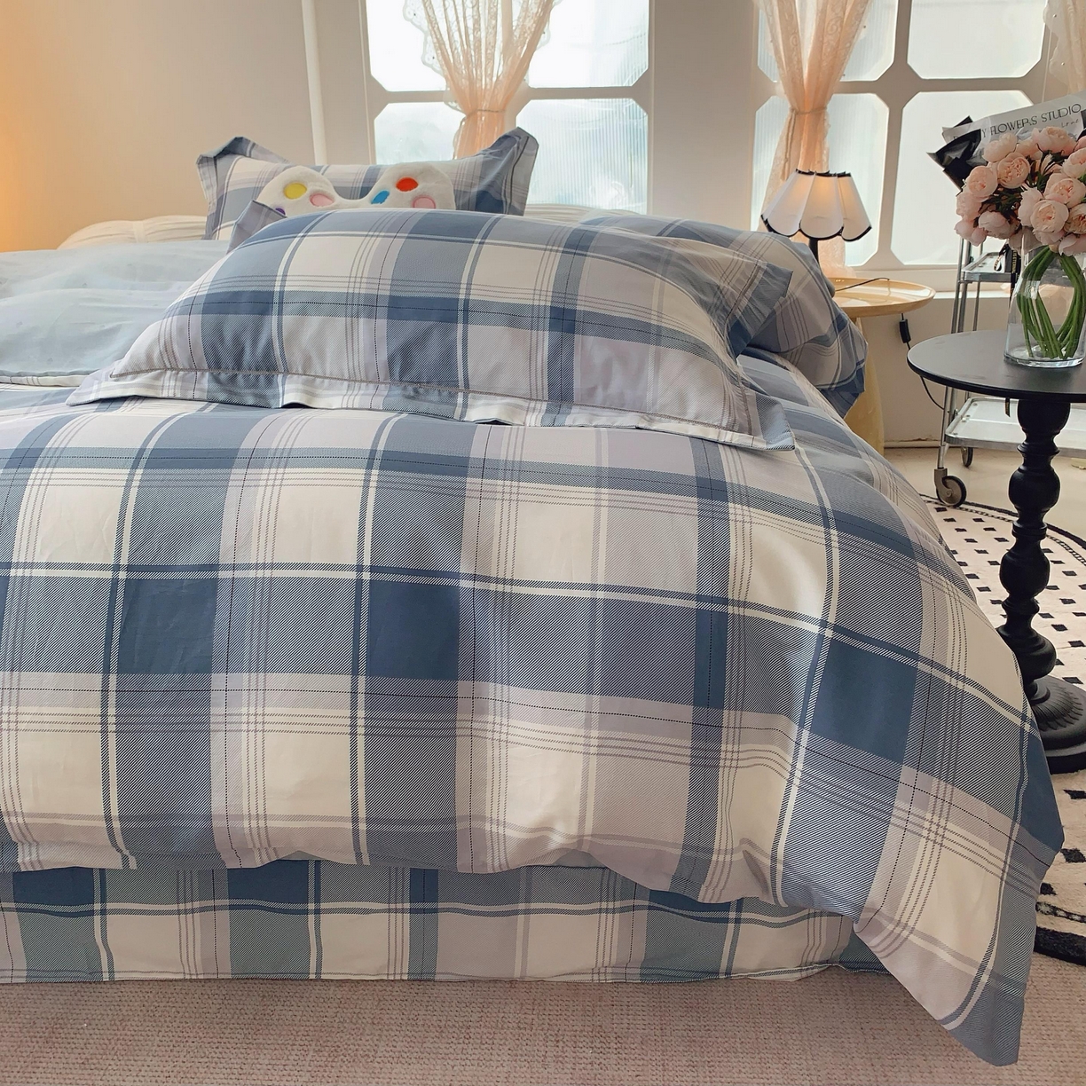 91家纺网 家纺一手货源 找家纺 莱豫家纺 2025春夏新款亲肤舒适小清新印花全棉纯棉四件套-第二批 蓝色大格