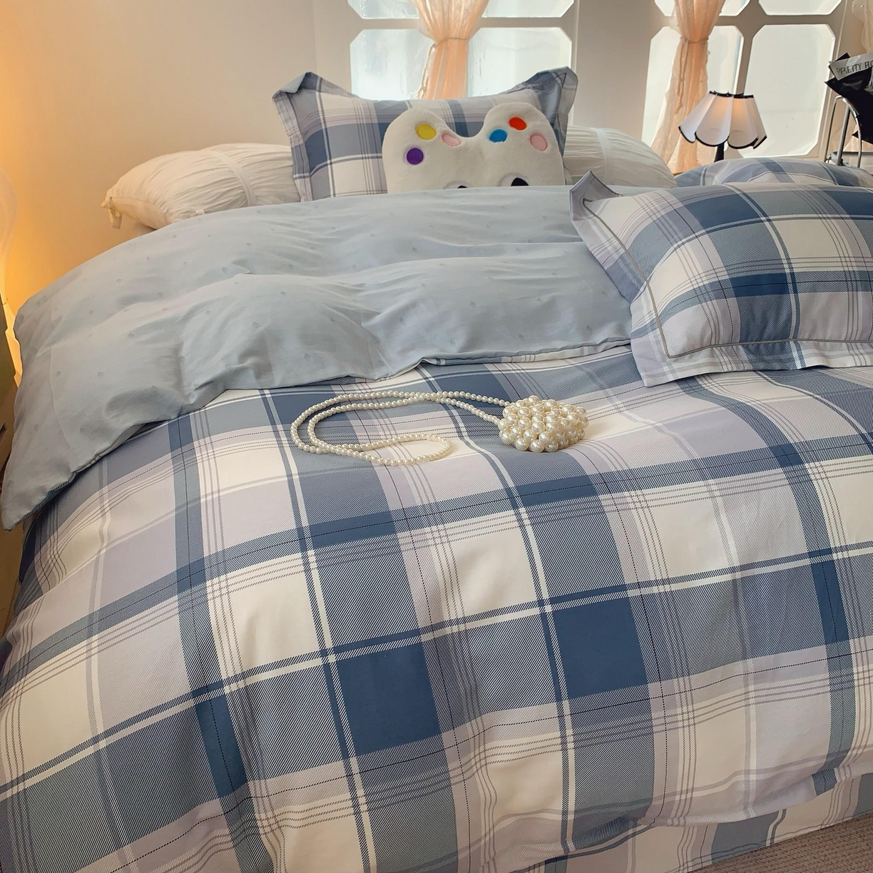 91家纺网 家纺一手货源 找家纺 莱豫家纺 2025春夏新款亲肤舒适小清新印花全棉纯棉四件套-第二批 蓝色大格