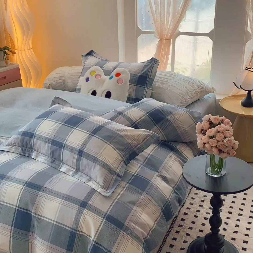 91家纺网 家纺一手货源 找家纺 莱豫家纺 2025春夏新款亲肤舒适小清新印花全棉纯棉四件套-第二批 蓝色大格