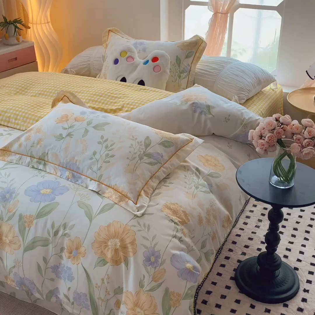 91家纺网 家纺一手货源 找家纺 莱豫家纺 2025春夏新款亲肤舒适小清新印花全棉纯棉四件套-第二批 四季花语