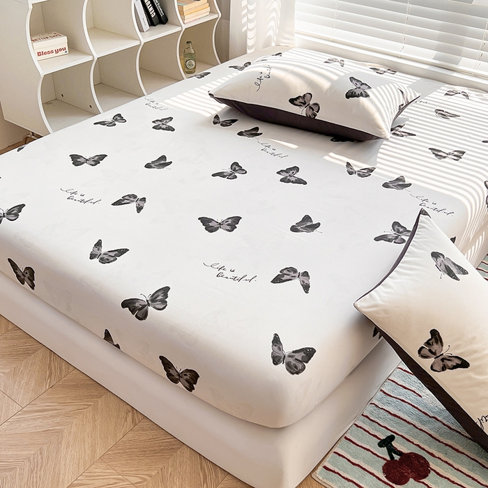 91家纺网 家纺一手货源 找家纺 赫然家纺 2026新款亲肤舒适活性印染水洗棉床笠系列床笠三件套（床笠+枕套） 蝶舞