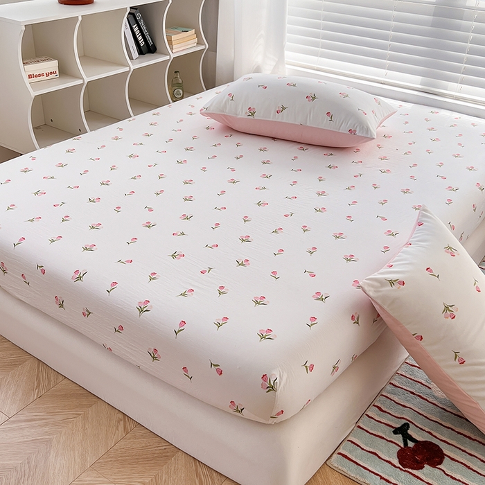 91家纺网 家纺一手货源 找家纺 赫然家纺 2026新款亲肤舒适活性印染水洗棉床笠系列床笠三件套（床笠+枕套） 郁金香