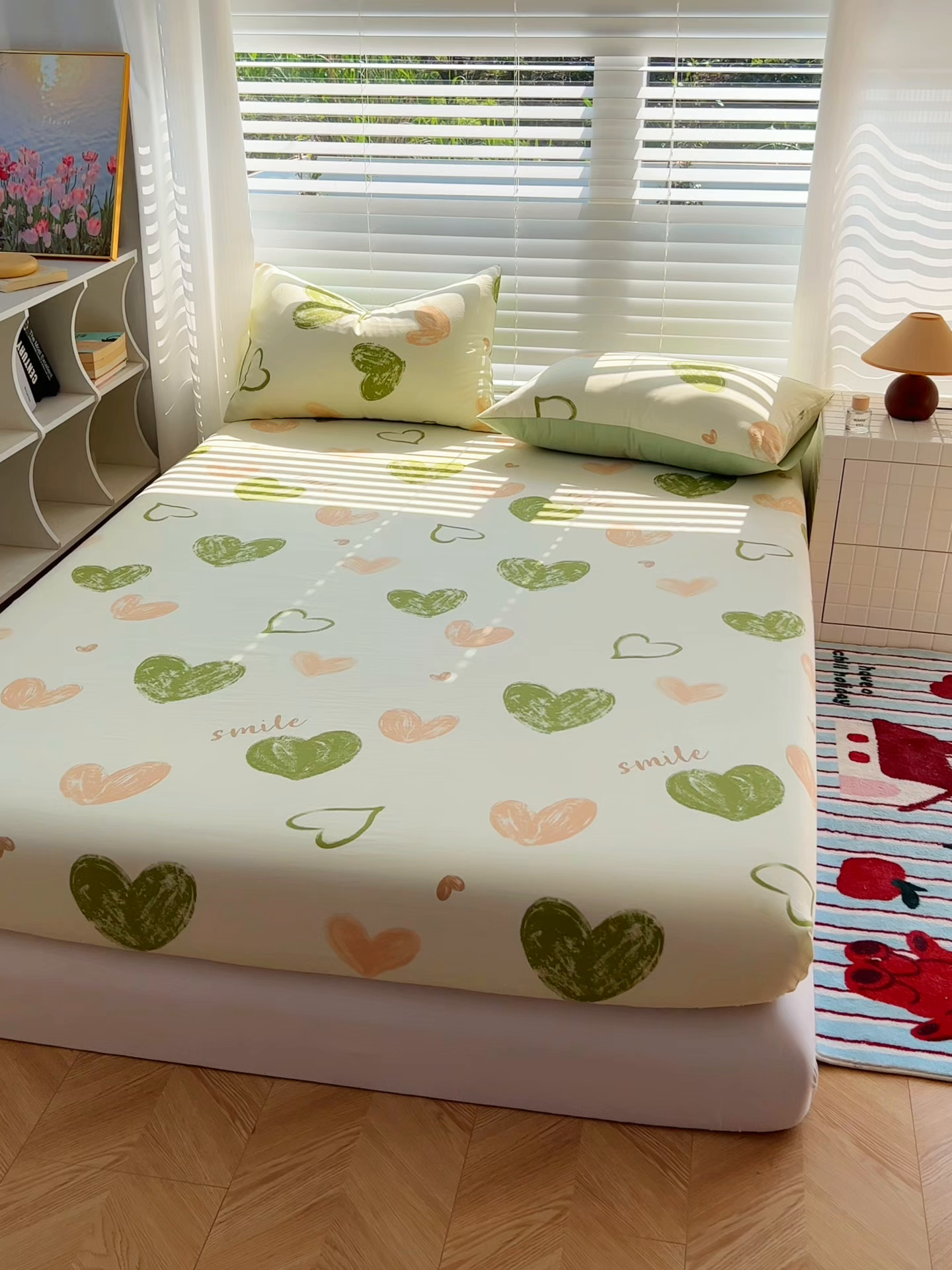 91家纺网 家纺一手货源 找家纺 赫然家纺 2026新款亲肤舒适活性印染水洗棉床笠系列床笠三件套（床笠+枕套） 爱心满满