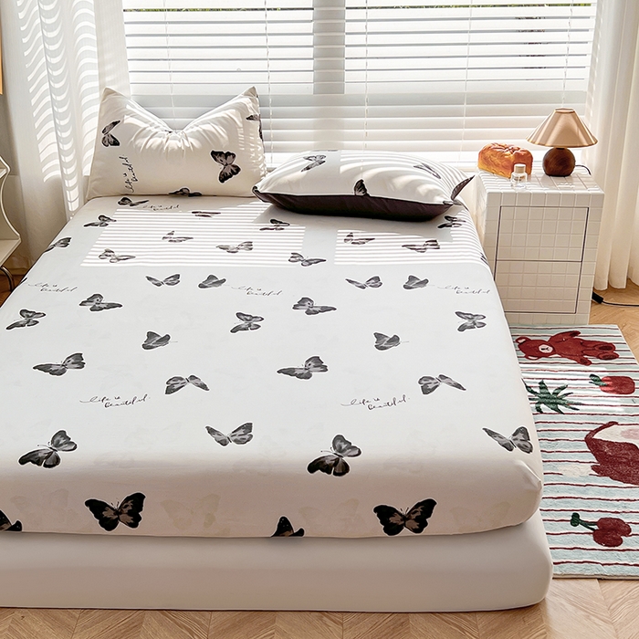 91家纺网 家纺一手货源 找家纺 赫然家纺 2026新款亲肤舒适活性印染水洗棉床笠系列床笠三件套（床笠+枕套） 蝶舞