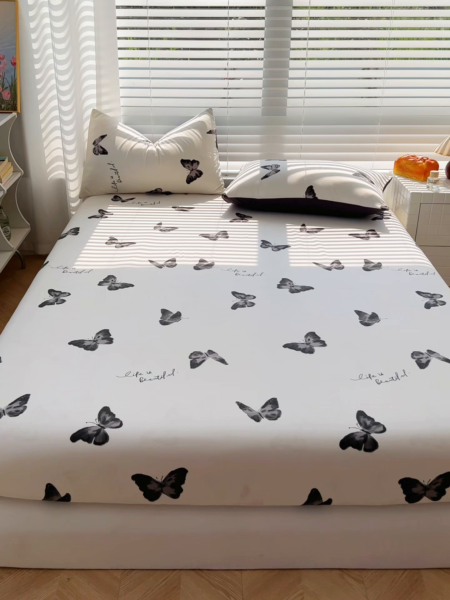 91家纺网 家纺一手货源 找家纺 赫然家纺 2026新款亲肤舒适活性印染水洗棉床笠系列床笠三件套（床笠+枕套） 蝶舞