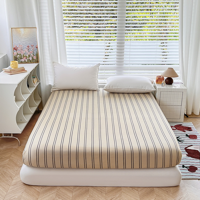 91家纺网 家纺一手货源 找家纺 赫然家纺 2026新款亲肤舒适活性印染水洗棉床笠系列-单床笠 浅咖竖条