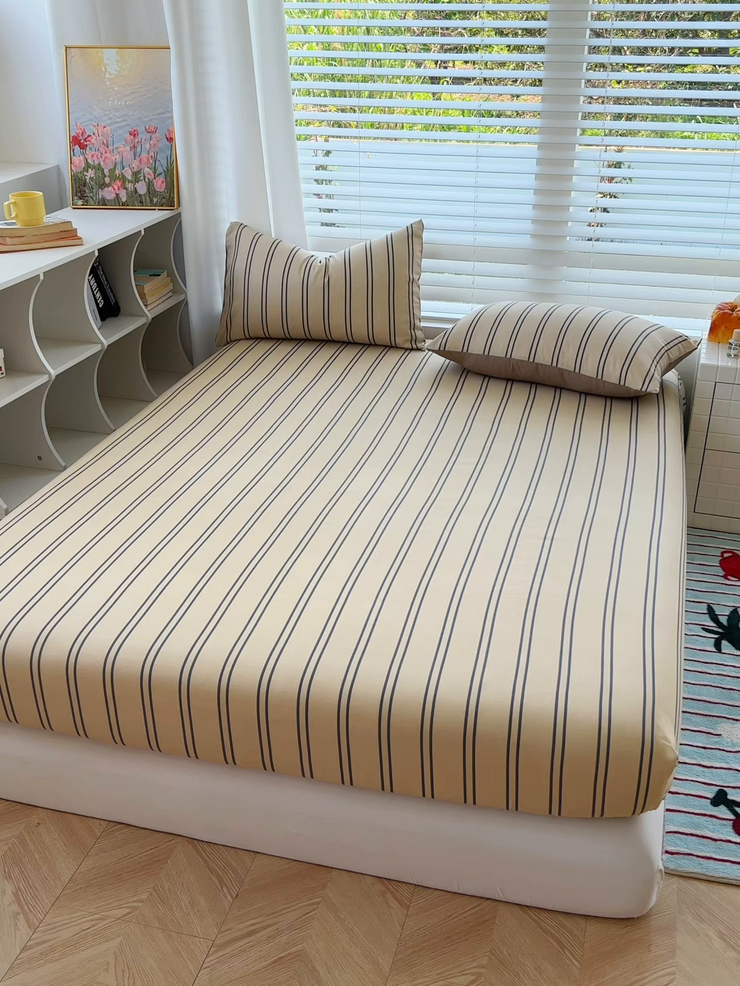 91家纺网 家纺一手货源 找家纺 赫然家纺 2026新款亲肤舒适活性印染水洗棉床笠系列-单床笠 浅咖竖条