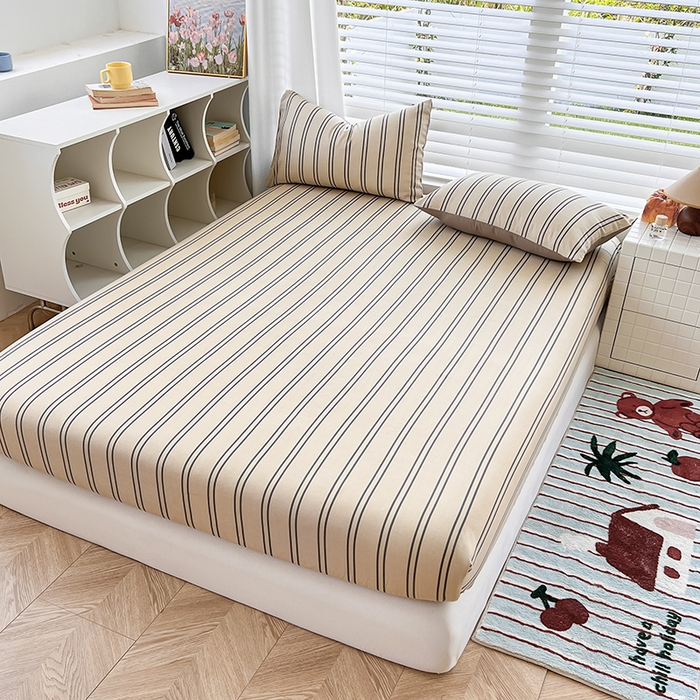 91家纺网 家纺一手货源 找家纺 赫然家纺 2026新款亲肤舒适活性印染水洗棉床笠系列床笠三件套（床笠+枕套） 浅咖竖条