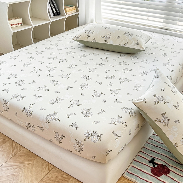 赫然家纺 2026新款亲肤舒适活性印染水洗棉床笠系列床笠三件套（床笠+枕套） 醒春