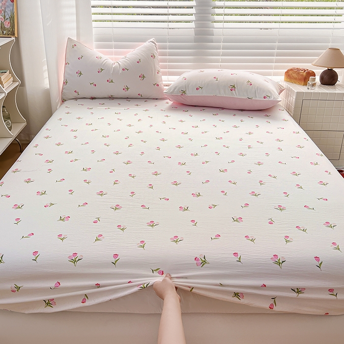 91家纺网 家纺一手货源 找家纺 赫然家纺 2026新款亲肤舒适活性印染水洗棉床笠系列床笠三件套（床笠+枕套） 郁金香