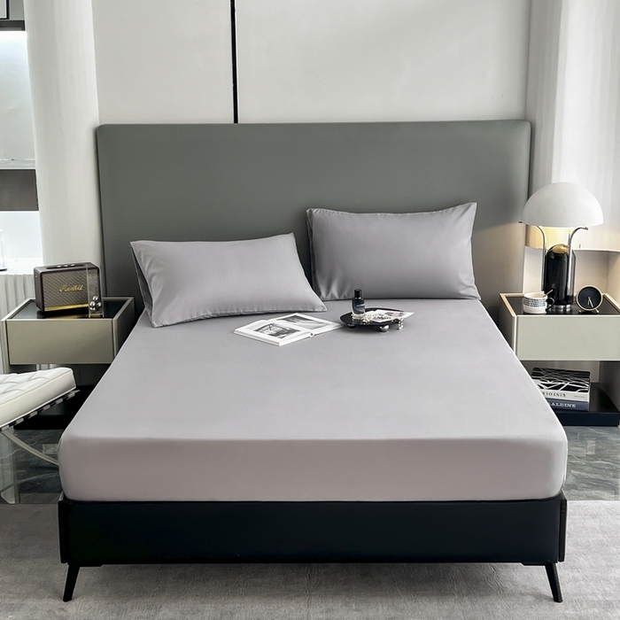 91家纺网 家纺一手货源 找家纺 赫然家纺 2026新款亲肤舒适活性印染纯色磨毛床笠系列床笠三件套（床笠+枕套） 浅灰