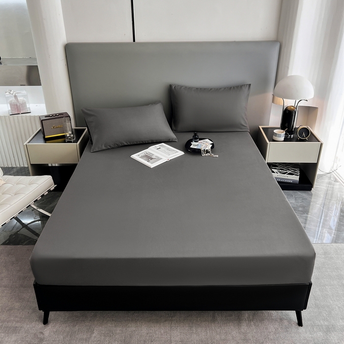 91家纺网 家纺一手货源 找家纺 赫然家纺 2026新款亲肤舒适活性印染纯色磨毛床笠系列床笠三件套（床笠+枕套） 深灰