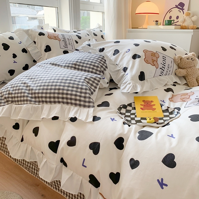 91家纺网 家纺一手货源 找家纺 玉元坊 2025春夏新款公主风全棉纯棉花边被套床单四件套 爱心小熊