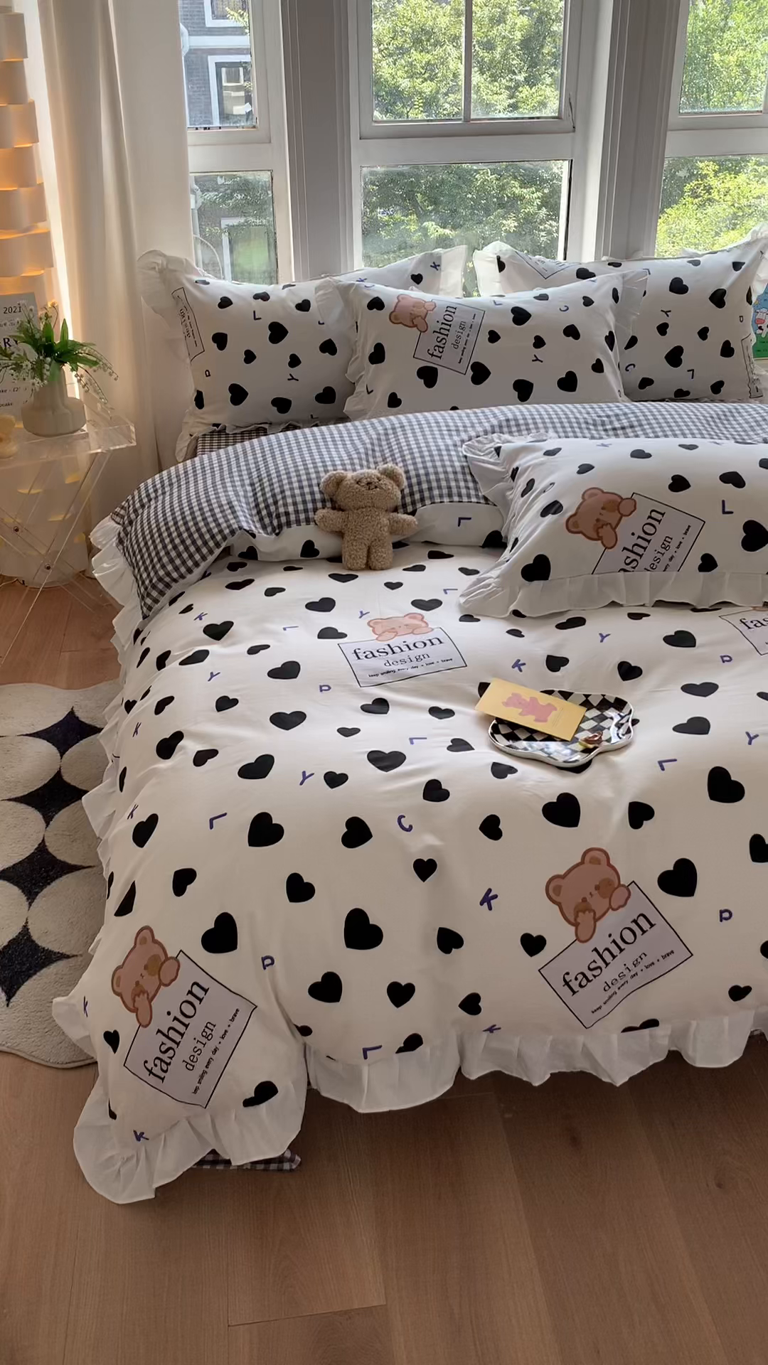 91家纺网 家纺一手货源 找家纺 玉元坊 2025春夏新款公主风全棉纯棉花边被套床单四件套 爱心小熊