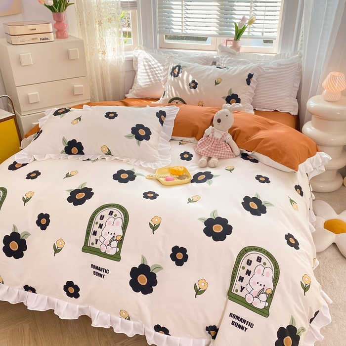 91家纺网 家纺一手货源 找家纺 玉元坊 2025春夏新款公主风全棉纯棉花边被套床单四件套 邦尼兔