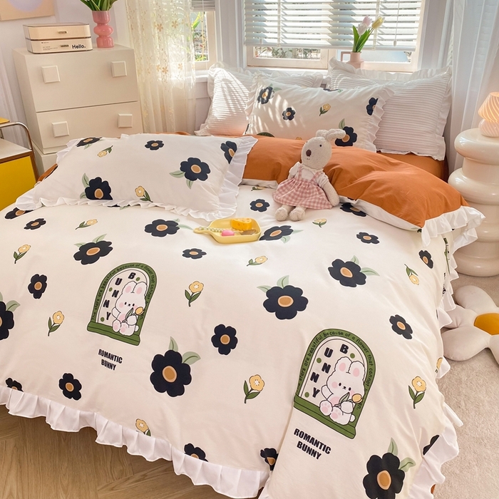 91家纺网 家纺一手货源 找家纺 玉元坊 2025春夏新款公主风全棉纯棉花边被套床单四件套 邦尼兔