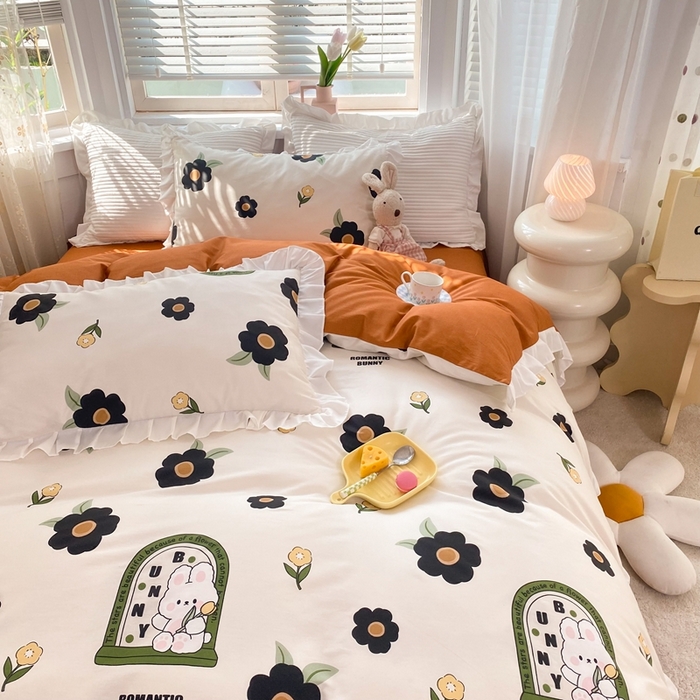 91家纺网 家纺一手货源 找家纺 玉元坊 2025春夏新款公主风全棉纯棉花边被套床单四件套 邦尼兔