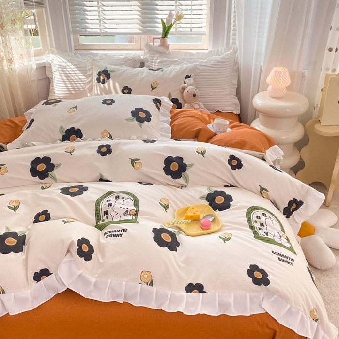 91家纺网 家纺一手货源 找家纺 玉元坊 2025春夏新款公主风全棉纯棉花边被套床单四件套 邦尼兔