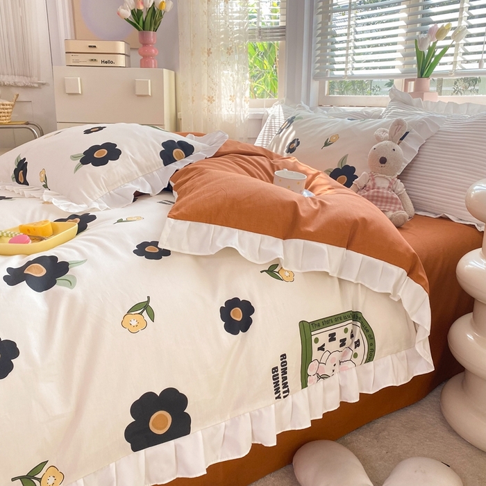 91家纺网 家纺一手货源 找家纺 玉元坊 2025春夏新款公主风全棉纯棉花边被套床单四件套 邦尼兔