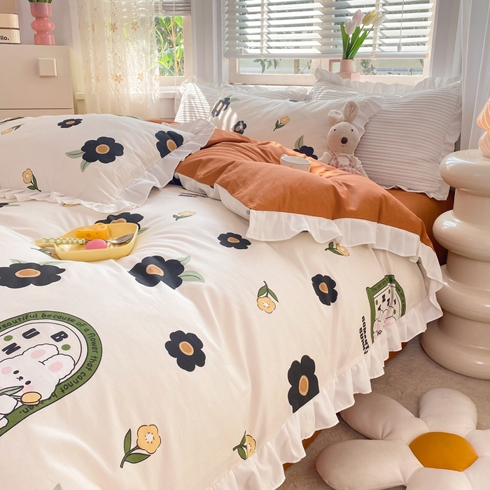 91家纺网 家纺一手货源 找家纺 玉元坊 2025春夏新款公主风全棉纯棉花边被套床单四件套 邦尼兔