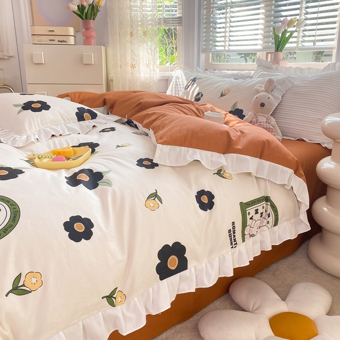 91家纺网 家纺一手货源 找家纺 玉元坊 2025春夏新款公主风全棉纯棉花边被套床单四件套 邦尼兔