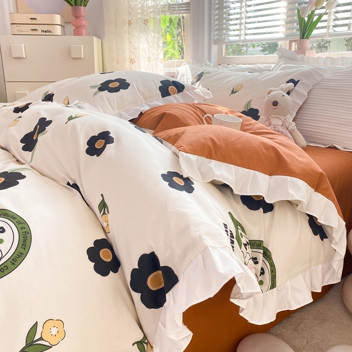 91家纺网 家纺一手货源 找家纺 玉元坊 2025春夏新款公主风全棉纯棉花边被套床单四件套 邦尼兔