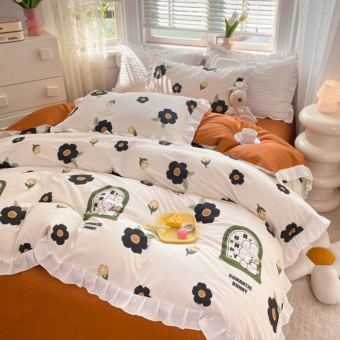 91家纺网 家纺一手货源 找家纺 玉元坊 2025春夏新款公主风全棉纯棉花边被套床单四件套 邦尼兔