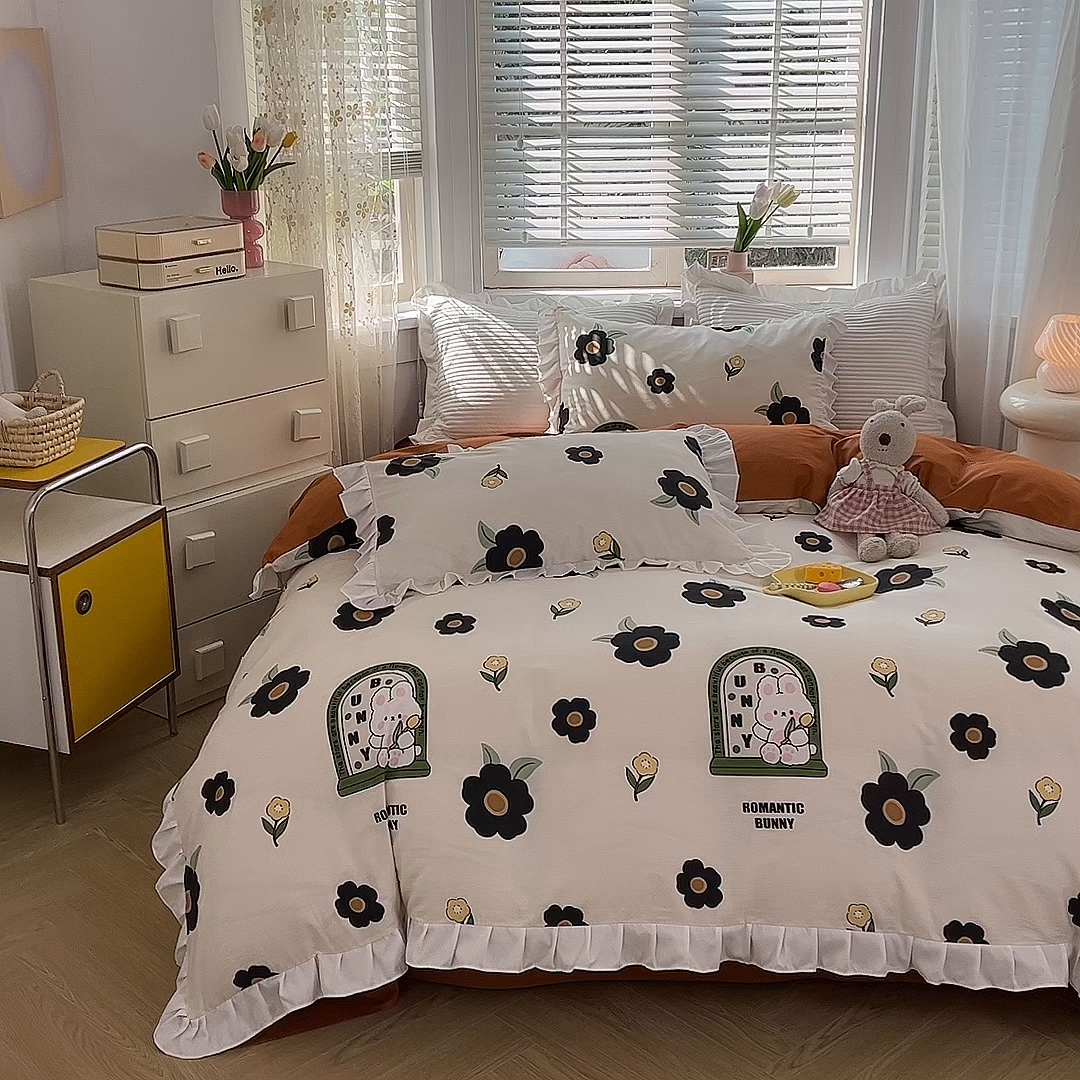 91家纺网 家纺一手货源 找家纺 玉元坊 2025春夏新款公主风全棉纯棉花边被套床单四件套 邦尼兔