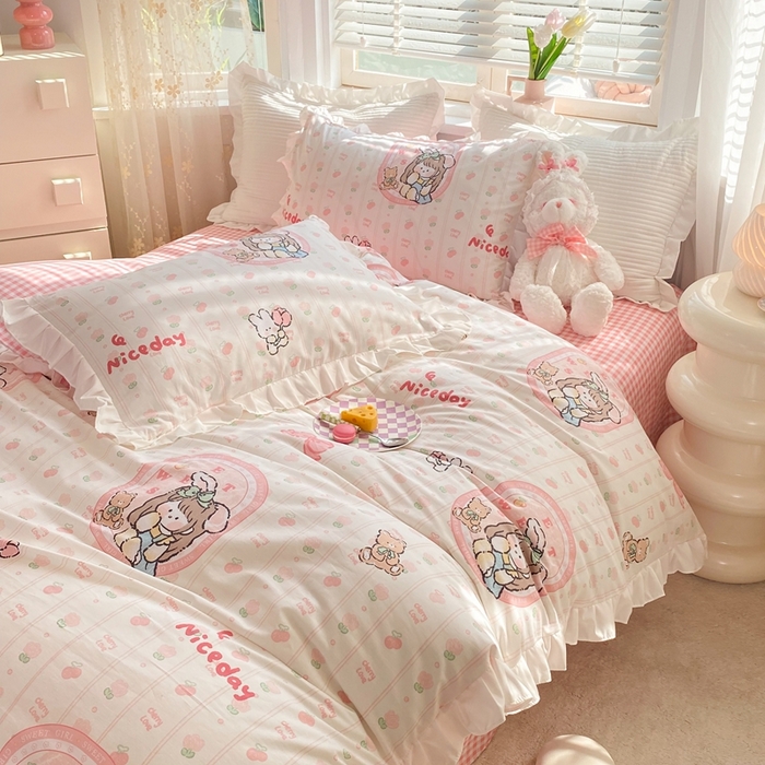 91家纺网 家纺一手货源 找家纺 玉元坊 2025春夏新款公主风全棉纯棉花边被套床单四件套 公主兔