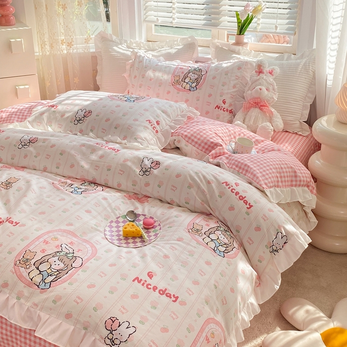 91家纺网 家纺一手货源 找家纺 玉元坊 2025春夏新款公主风全棉纯棉花边被套床单四件套 公主兔